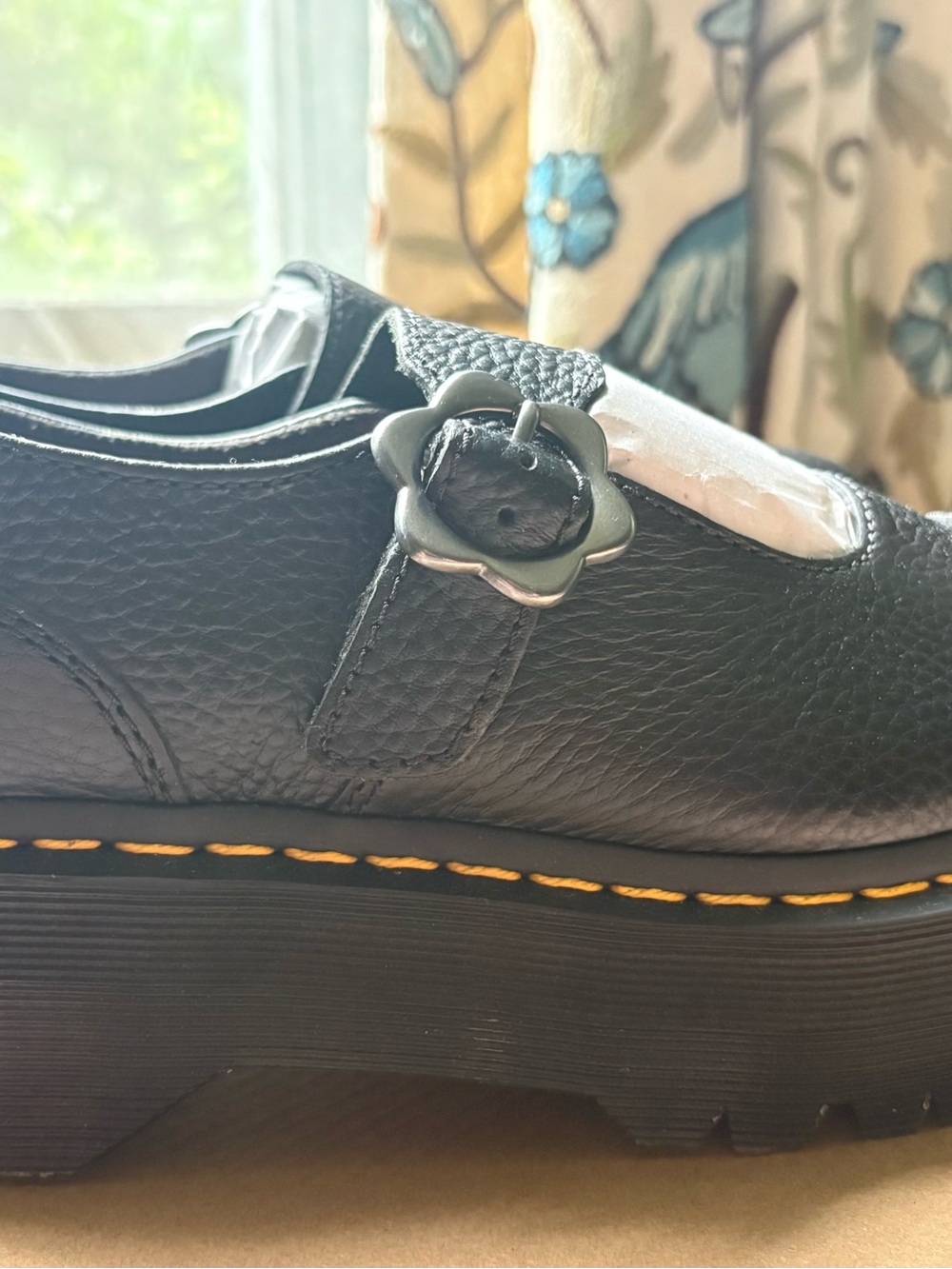 Dr. Martens Black Leather Platform Mary Jane with Flower Buckle